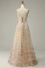 A-Line Straps Floor Length Print Prom Dress With Split Long