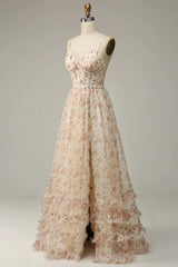 A-Line Straps Floor Length Print Prom Dress With Split Long