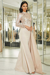 Apricot Mermaid Pleated Mother of the Bride Dress with Long Sleeves