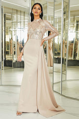 Apricot Mermaid Pleated Mother of the Bride Dress with Long Sleeves