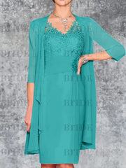 Two Piece Ruffle Chiffon Mother of the Bride Outfit Lace Short Wedding Guest Dress