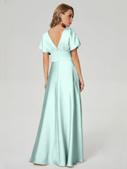 Cap Sleeves Soft Satin Prom Dresses
