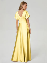 Cap Sleeves Soft Satin Prom Dresses