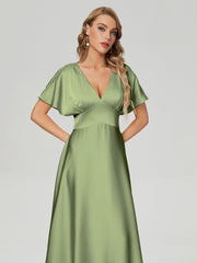 Cap Sleeves Soft Satin Prom Dresses