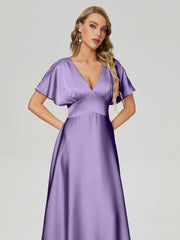 Cap Sleeves Soft Satin Prom Dresses