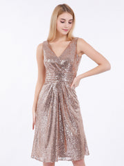 V neckline Short Sequins Lace Dress Metallic Gold