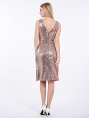V neckline Short Sequins Lace Dress Metallic Gold