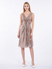 V neckline Short Sequins Lace Dress Metallic Gold