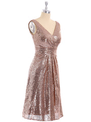 V neckline Short Sequins Lace Dress Metallic Gold