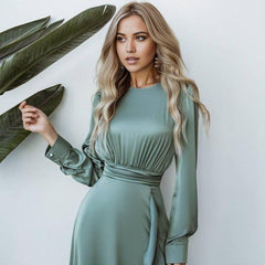 Elegant Long Sleeve Mint Satin Maxi Dress with Ruffle Hem and High Slit Formal Bridesmaid Dress
