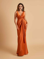 Sexy Satin Sheath V-neck Prom Dresses Strapless Floor Length