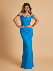 Sexy Off Shoulder Mermaid Long Prom Dresses Satin Spaghetti Straps Floor Length