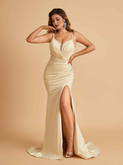 Satin Mermaid Long Prom Dresses Spaghetti Straps Sweetheart Side Slit Floor Length