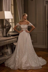 Long A-line off shoulder sparkling sleeveless bridal gown