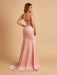 Sexy Mermaid Prom Dresses Spaghetti Straps Satin Side Slit Pleats Floor Length