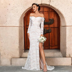 Mermaid Wedding Gown with Long Train Black Lace Backless Dress with Long Sleeves Wedding Reception Dress