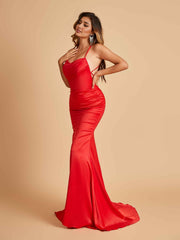Sexy Satin Mermaid Prom Dresses Spaghetti Straps Scoop Criss-cross Back