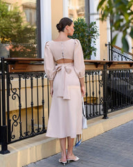 Beige Wedding Guest Dress Long Sleeve Open back Midi Dress for Women