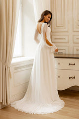 Elegant V-Neck Wedding Dress with Sheer Bishop Sleeves and Front Slit