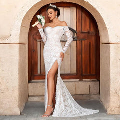 Mermaid Wedding Gown with Long Train Black Lace Backless Dress with Long Sleeves Wedding Reception Dress