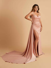 Sexy Satin Sheath Prom Dresses Spaghetti Straps Sweetheart Side Slit With Train