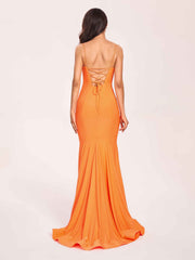 Sexy Satin Mermaid Prom Dresses Spaghetti Straps V-neck Floor Length Lace-up Back