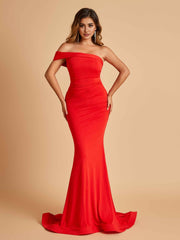 Sexy Jersey One Shoulder Prom Dresses Mermaid Pleats Floor Length Unique