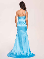 Satin One-shoulder Mermaid Prom Dresses Side Slit Pleats Floor Length