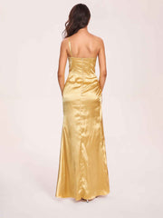 Sexy Satin One-shoulder Prom Dresses Side Slit Sheath Floor Length Long