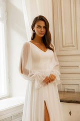 Elegant V-Neck Wedding Dress with Sheer Bishop Sleeves and Front Slit