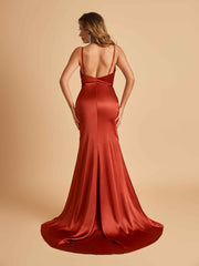 Satin Mermaid V-neck Prom Dresses Spaghetti Straps Side Slit Floor Length