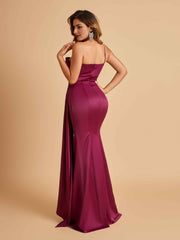 Satin One Shoulder Mermaid Prom Dresses Side Slit Floor Length