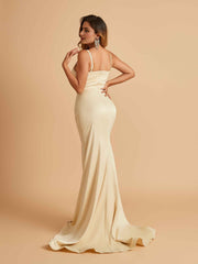 Satin Mermaid Long Prom Dresses Spaghetti Straps Sweetheart Side Slit Floor Length