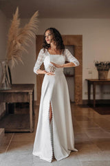 Minimalist And Modest Wedding Dress Square Neckline Simple Open Back Bridal Gown Floral Macrame Rustic Wedding