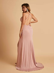 Mermaid Open Back Prom Dresses Spaghetti Straps V-neck Side Slit Floor Length