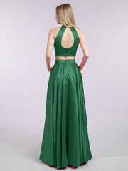 Two Piece Satin Prom Dress with Pockets Dark Green