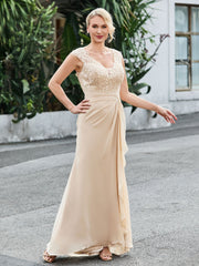 V-neck Lace Top Ruched Sheath Dress Champagne