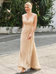 V-neck Lace Top Ruched Sheath Dress Champagne