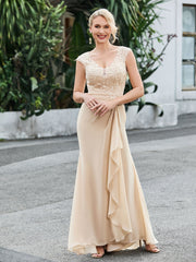 V-neck Lace Top Ruched Sheath Dress Champagne