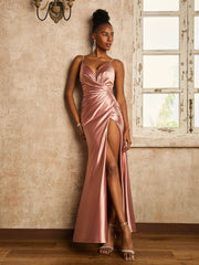 V-neck Ruched Spaghetti Straps Dress with Slit Dusty Rose
