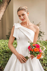 Asymmetric collar sleeveless backless bow shoulder strap and floor length wedding dress