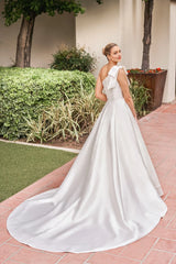 Asymmetric collar sleeveless backless bow shoulder strap and floor length wedding dress