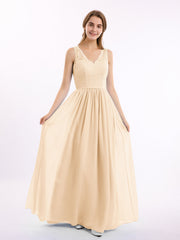 Lace Top and Chiffon Bottom Long Dresses Peach