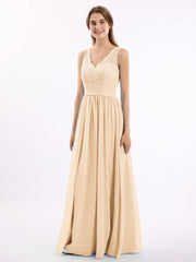 Lace Top and Chiffon Bottom Long Dresses Peach