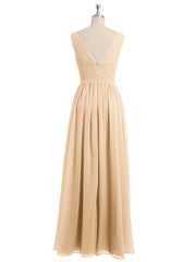 Lace Top and Chiffon Bottom Long Dresses Peach