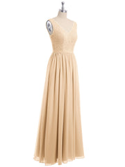 Lace Top and Chiffon Bottom Long Dresses Peach