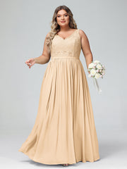 Lace Top and Chiffon Bottom Long Dresses Peach