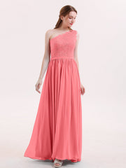 One Shoulder Lace and Chiffon Dresses Watermelon