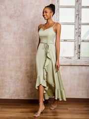 Spaghetti Straps Asymmetrical Soft Satin Dresses Dusty Sage