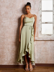 Spaghetti Straps Asymmetrical Soft Satin Dresses Dusty Sage
